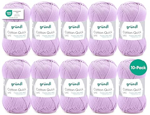 Gründl Wolle Cotton Quick uni Häkelgarn 10 Knäuel 50 g, flieder | dünne Wolle zum Häkeln - Strickgarn - Häkelgarn - Glänzend und hautfreundlich - 100 % Baumwolle - 50 g / 125 m