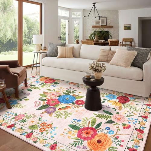 BYBSRLL Machine Washable Rugs Living Room, 90x150cm, Non Slip Floor Carpet, Boho Rug, Low Pile, Soft Vintage Floral Area Rugs for Bedroom, Kitchen,Entryway, Lounge, Bedside, Dorm, Light Pink