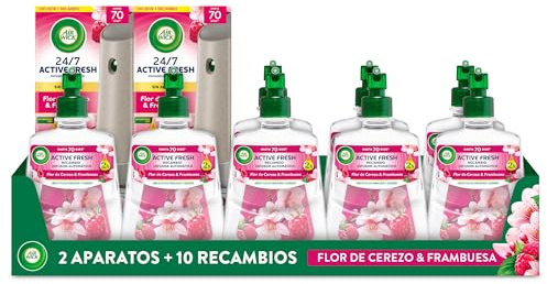 Air Wick Active Fresh Spray Automatico Sin Aerosol - Ambientador para casa con aroma a Flor de Cerezo & Frambuesa - Pack de 2 Aparatos + 10 Recambios (228mlx10)