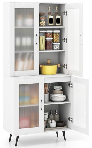 COSTWAY Küchenschrank hoch, 178,5 cm, Küchenregal mit 4 transparenten Türen & verstellbares Regal, Buffetschrank Standregal Hochschrank, für Küche Esszimmer Wohnzimmer, Holz und Metall (Weiß)