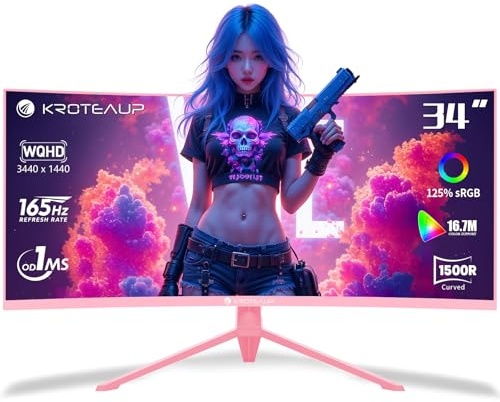Kroteaup - Monitor de juego curvado rosa de 34 pulgadas 4K, 3440 x 1440 165 Hz, pantalla de ordenador ultra ancha, 1500R -Pip 1ms (Mprt) HDR400 125% sRGB, Dci-P3 92%, HDMI/DP, puerto, adecuado para
