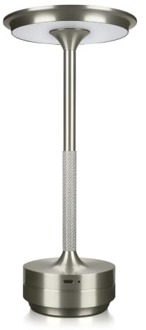 MMOBIEL Lámpara de Mesa LED Inalámbrica Redonda de Metal Recargable con Control Táctil, 3 Tonos Regulables, Batería 1800mAh, USB-C para Interior/Exterior, Dormitorio, Restaurante – Plata