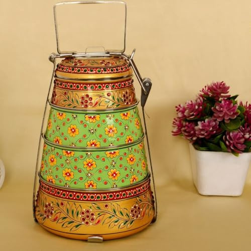 Crafting Love Hand-Painted 4-Tier Stainless Steel Lunch Box – Golden and Green Design Eco-Friendly Tiffin Box
