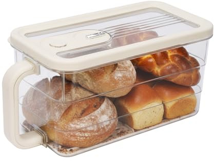 Punorric Bread Bin Airtight Clear Bread Storage Containers with Lid and Air Valve, Time Recording Kitchen Storage box with Detachable Handle, Stackable Food Containers for Toast, 25 x 13.5 x 13.5 cm