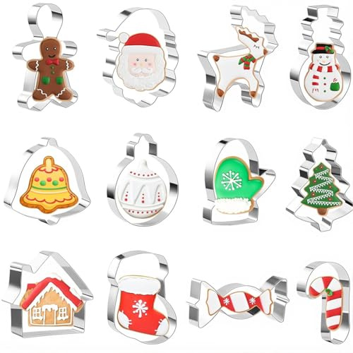 KIRZAX 12 Pezzi Formine Biscotti Natale, Stampi Acciaio Inox per Biscotti Natalizie, Decorazioni Biscotti Natale,Tagliabiscotti Natale, per Decorazioni in Fondente,DIY Decorazioni Dolci Biscotti