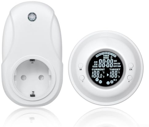 URPIZY Prise thermostatique sans fil avec télécommande pour chauffage et refroidissement, écran LCD, fonction DST, minuterie, réglage de la température personnalisé, compatible avec les appareils de