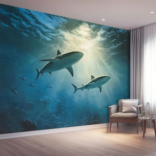 Fototapete Tier Vlies Tapeten 400 x 280 cm, Wandtapete Wohnzimmer Schlafzimmer Küche Dekoration Concealer, Blau Hai Ozean