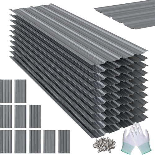 10 PCS Metal Roof Panels, 5.05 FT Corrugated Roofing Panels, 17.91×60.6 Metal Siding Panels with 100 Screws and Glove,for Shed, Outdoor Storage, Chicken Coop and Patio, Grey