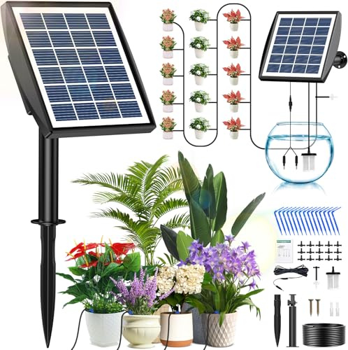 Kit Sistema de Riego Solar para Jardín, Kit Riego Por Goteo Autorriego para Macetas, Regar Regularmente e Manguera de 15M para Interior Exterior Jardín Terraza Balcone Plantas Verdura