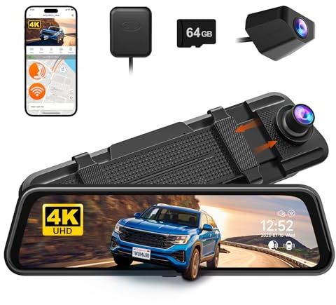 WOLFBOX M40 Rétroviseur de caméra arrière 10 | 4K + 1080P pour caméra embarquée avant et arrière avec caméra ADAS/BSD, contrôle vocal, Wi-Fi intégré, carte 64 Go et GPS