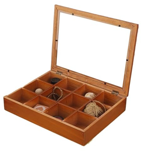 Wooden Tea Box - 12 Compartments Storage Organizer, Clear Lid Holder, 12 Compartments, Rectangular, Kitchen Coffee Pantry Cabinet Drawer Office Cafe Home Tea Bag Storage Container Durable Practical