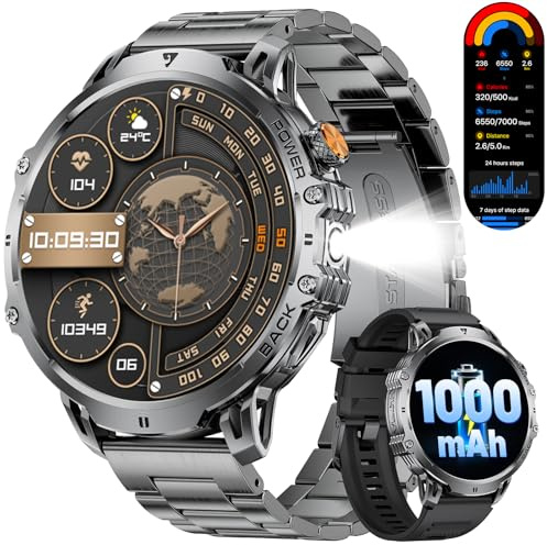 DREMAC Montre Connectée Homme Militaire 1000 mAh/1.85'' Grand Écran/Appel/LED Lampe,130+ Modes Sport,Étanche IP68,Montre Fitness avec Moniteur de Fréquence Cardiaque,SpO2,Sommeil,pour Android iOS