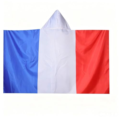 Supporter France Cape 150x90cm Drapeau Français Tricolore Accessoires Grand | Poncho Drapeau Cape à Manches Bleu Blanc Rouge Match Foot Défilé Fête Célébration Patriotique Déguisement Carnaval Soiree