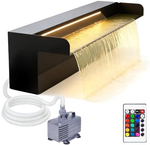 Set Cascata per Laghetto Esterno 30 cm in Acciaio Inossidabile con con Pompa da 60 W 3200 L/h Catena Luminosa LED telecomandata con Cambio di Colore Fontana per Piscina per Giardino Patio e Terrazza