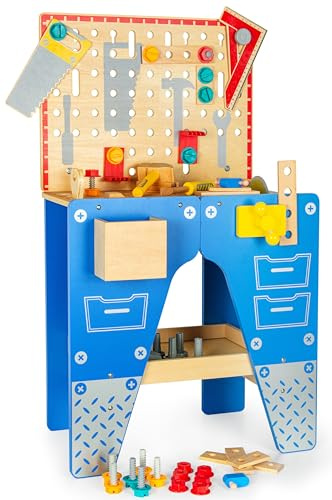 Bayagu Banco Lavoro Bambini con Attrezzi, Officina Giocattolo con Martello Cacciavite Chiave e Accessori, Tavolo Officina Bambini con Ripiani Porta Utensili, Set Gioco Imitazione Costruzione per Bambi