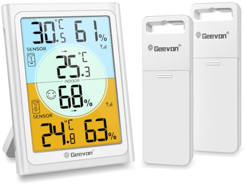 Geevon Wireless Indoor and outdoor thermometer, Fridge Freezer Thermometer | Dual-Sensor with Temp and Humidity Alarm, Max Min Record, USB/Battery Power, Suitable for any fridge or cold environment