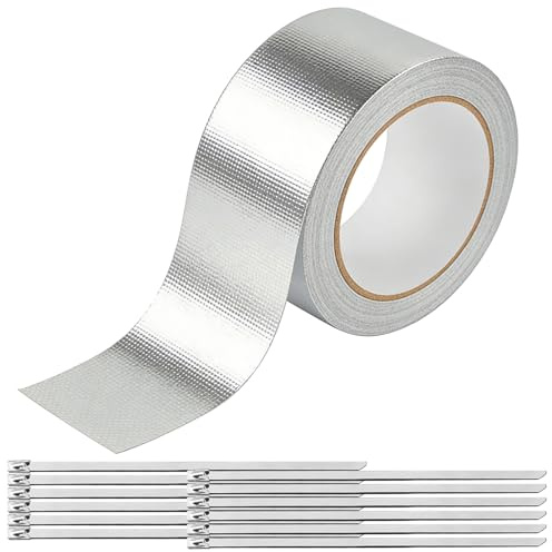 Aluminium Insulation Tape 18m, Aluminum & Fiberglass Cloth with 12Pcs Stainless Steel Ties,High Temperature Exhaust Tape,High Temp Resistant Metal Duct Tape for Plumbing, Automotive, Motorcycle