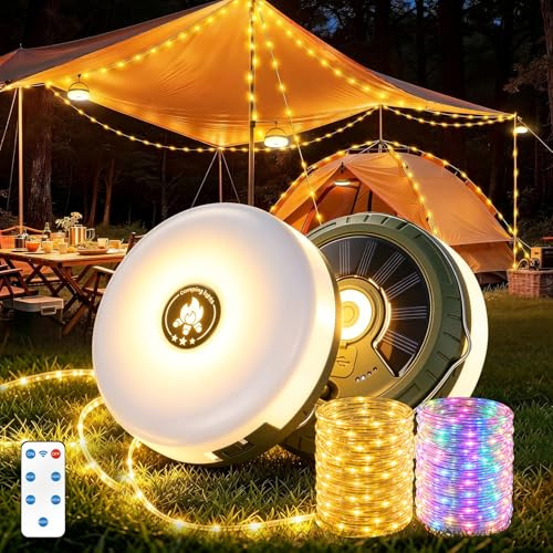 PlayDen Lichterkette Camping Aufrollbar Solar, 4-in-1 Camping Lichterkette mit Akku, USB-C, Magnet, 5 Modi, IP44, 10 m für Zelt, Wohnmobil, Garten & Festival