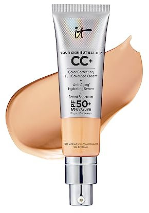 iT Cosmetics Full Coverage Foundation with SPF 50 Protection, Enriched with Hyaluronic Acid & Vitamin E, Your Skin But Better CC+ Cream, Shade: Neutral Medium, 32ml