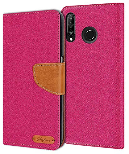 Verco Coque pour P30 Lite, Étui Portefeuille Compatible avec Huawei P30 Lite Case Textures de Fibre Housse de Protection, Rose