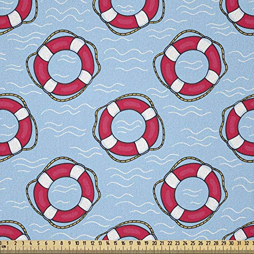 ABAKUHAUS Wasserblau Stoff als Meterware, Rettungsringe im Ozean, Microfaser Stoff für Dekoratives Basteln, 1M (230x100cm), Hellblaues Rosa Weiß