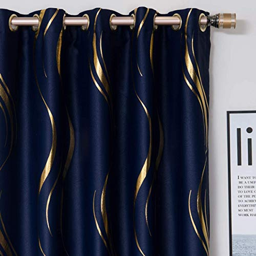 MYRU 2 Panels Set Luxury Striped Blackout Curtains for Bedroom Living Room (Navy and Gold, 2 x 66x84 Inch)