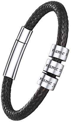 PROSTEEL Herren Armkette personalisiert geflochtene Faux Lederarmband mit 3 Ringen Familien Freunden Namen Gravur schwarz Kordelkette 22cm lang Charms-Armbänder für Partnerschaft