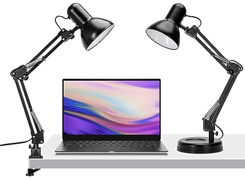Aigostar Lámpara de Escritorio E27, Flexo Lamparas de Mesita de Noche con Base y Abrazadera, Brazo articulado de metal, Lámpara de Mesa Ajustable para Oficina, Sala, Estudio y Dormitorio - Negro