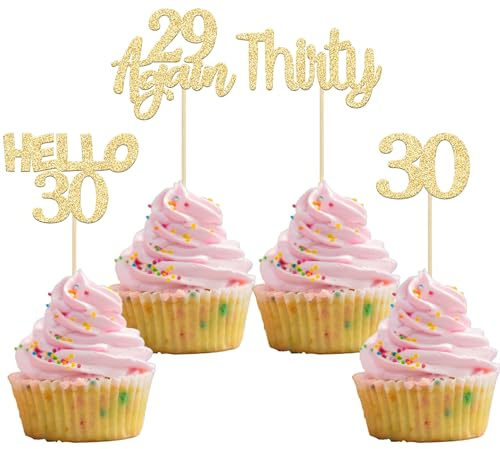 Gyufise 24Pcs Gold Glitter 30th Birthday Cupcake Toppers Hello 30 Cake Decorations Again 29 Thirty Cupcake Picks for 30th Birthday Cake Decorations Supplies