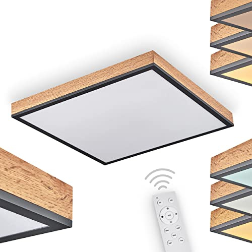 LED Deckenleuchte Salmi, eckige Deckenlampe aus Metall/MDF in Schwarz/Braun/Holzoptik, 24 Watt, 150-1500 Lumen, Lichtfarbe 2700-6000 Kelvin, dimmbar über beiliegende Fernbedienung