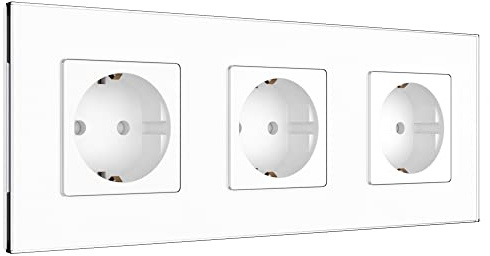 PULSAR Steckdose Unterputz 3-Fach Glas Weiß, Schuko-Wandsteckdose 16A | Steckdose Weiß 3-Fach Glas Unterputz, Schuko Wandsteckdose 16A, 228 x 86mm mit Kindersicherung, Dreifach-Steckdose