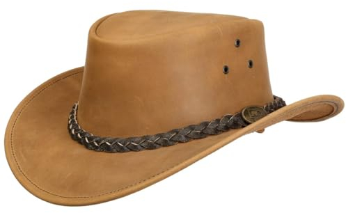 Scippis Wigan Lederhut Westernhut Cowboyhut Rindslederhut Herren - mit Lederband Frühling-Sommer Herbst-Winter Frühjahr Sommer Herbst Winter - M (56-57 cm) Cognac