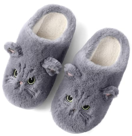 Puimentiua Mignon Chat Pantoufle Femme, Hiver Dessin Animé Chaussons Pantoufles Chat Femme Confortable AntidéRapant Chaussons Homme Fourrure Mules Pantoufles, Cendre, 40-41