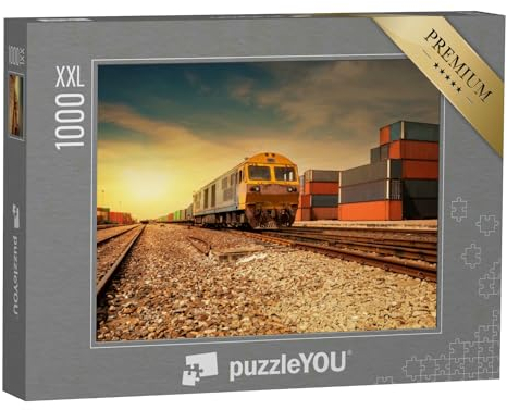 Puzzle 1000 Teile XXL „Güterbahnhof im Sonnenuntergang“ – aus der Puzzle-Kollektion Eisenbahn, Lokomotive