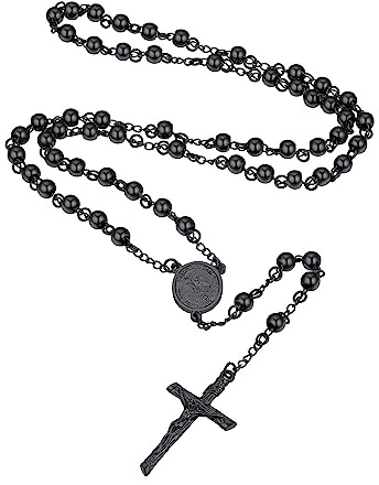 Supcare Rosary Beads Catholic Necklace for Women, Archangel St Michael/Christopher/Mary Cross Pendant Necklaces Stainless Steel/Gold/Black, With Gift Packaging