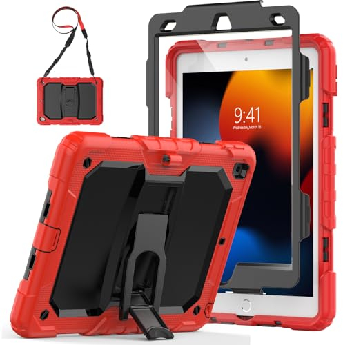 SEYMAC Funda para iPad 10,2 de 9ª/8ª/7ª Generación 2021/2020/2019 con Protector de Pantalla, Soporte para Bolígrafo, a Prueba de Golpes, Rojo