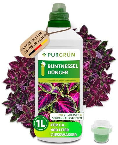 Purgrün® Buntnessel-Dünger 1 Liter – Intensiviert die Blattfärbung mit Spurennährstoffen – Fördert schnelles Wachstum mit Stickstoff – Stärkt die Widerstandskraft – Für bis zu 400 Liter Gießwasser