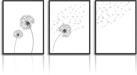 Dazzlewall Löwenzahn Leinwand Bilder Minimalistische Schwarz-Weiß-Wandbilder für Schlafzimmer Wohnzimmer Dekor 30X40 cm Ohne Rahmen 3er Set