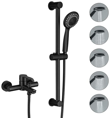 BAITUJIE Mitigeur Monocommande Douche Noir, Robinet Mitigeur de Douche avec Barre de Douche Douchette à Main 5 Modes, Flexible 150mm, Ensemble de Douche