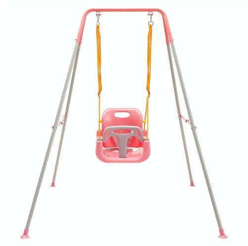 FUNLIO Children's Swing with Folding Metal Stand for Indoor and Outdoor Use, Baby Swing with 4 Sandbags, Easy to Assemble, Pink