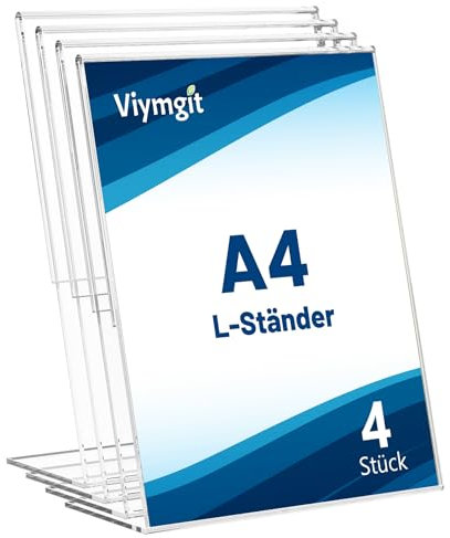 Viymgit 4 Stück Aufsteller DIN A4, glasklarer L-Ständer Hochformat Acryl A4 Werbeaufsteller, Tischaufsteller für Werbung, Speisekarte, Hinweisschild
