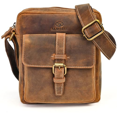 ALMADIH kleine Leder Umhängetasche Herren 8.3 Zoll iPad Mini & Tablet – MARC braun vintage Kompakte Ledertasche für Alltag & Reisen moderne Herren Messenger Schultertasche Freizeittasche Herrentasche
