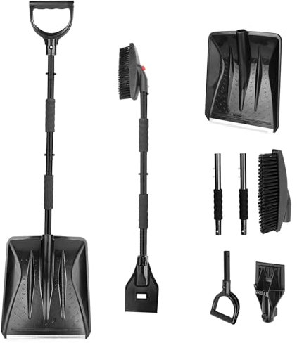 DENUOTOP Pelle à neige 3 en 1 avec brosse (enlever la glace, pelleter la neige) Pelle à neige 3 en 1 pour voiture, jardin, camping, extérieur, légère, amovible