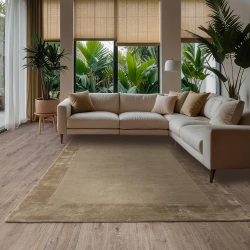 Lord of Rugs Eaton Rug for Living Room Bedroom Soft Wool Plain Hand Woven High Shine Viscose Bordered Rug Taupe Beige Natural Medium 120x170 cm (4'x5'6)