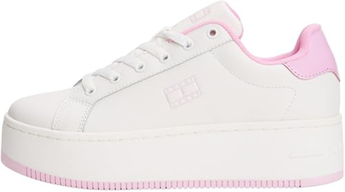 Tommy Jeans Damen Flatform Sneaker aus Leder, Mehrfarbig (Ecru/Carnival Pink), 38