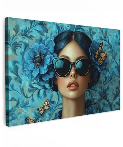 MuchoWow© Leinwand Groß XXL Deko Schlafzimmer Aesthetic Leinwandbilder | 120x80 cm - Wohnzimmer Gemälde Foto Geschenk Living Room Decoration Frau - Blumen - Schmetterlinge - Blau - Abstrakt