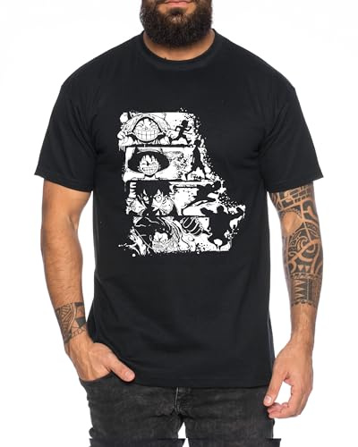 Ruffy Evolution Straw Hat Herren T-Shirt - Manga One Pirat Anime, Farbe:Schwarz, Größe:M