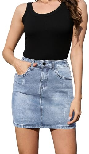 Alaster Queen Women’s Denim Mini Skirt Stretchy High Waist Bodycon Short Jean Skirts for Women with Pockets, Light Blue M