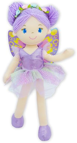 Lullaberry Yaritza Zauberhafte Fee Puppe 40cm - Weiche Plüschfigur - Geschenk für Mädchen - Lila Outfit und Flügel