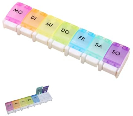 Tablettenbox 7 Tage, Medikamentenbox 7 Tage, Pillendose 7 Tage Fächer, leicht zu öffnen, mit Wochentagen auf Deutsch Medikamentenbox